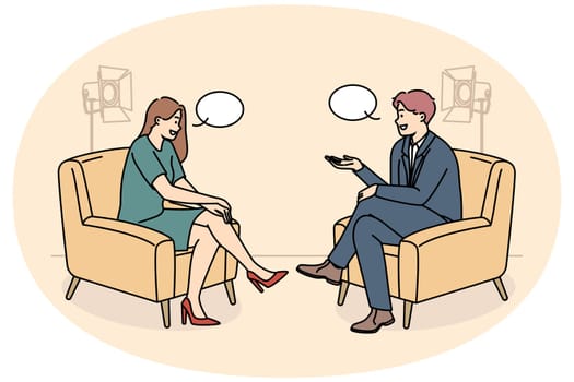 Smiling people sitting in chairs in studio filming TV program. Happy interviewer and interviewee have discussion shooting live broadcast. Vector illustration.