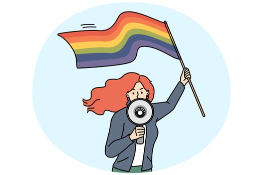Decisive young woman with LGBTQ flag scream in megaphone on protest or demonstration. Female activist or protester with LGBT symbol make announcement in loudspeaker. Vector illustration.