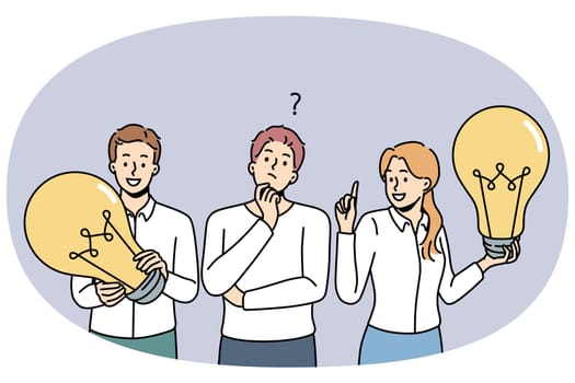 Diverse businesspeople with light bulbs feel frustrated think about creative business ideas. Pensive employees consider innovated plans. Teamwork. Vector illustration.
