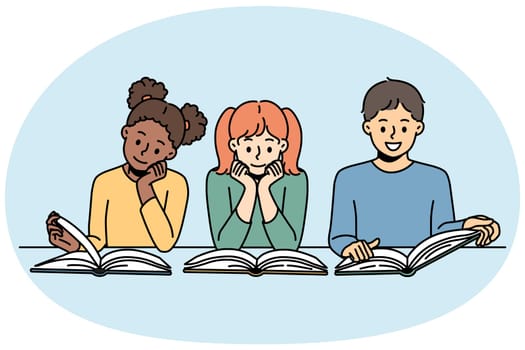 Smiling diverse kids sitting at table reading books. Happy multiethnic children have fun enjoy literature or learning. Education. Vector illustration.