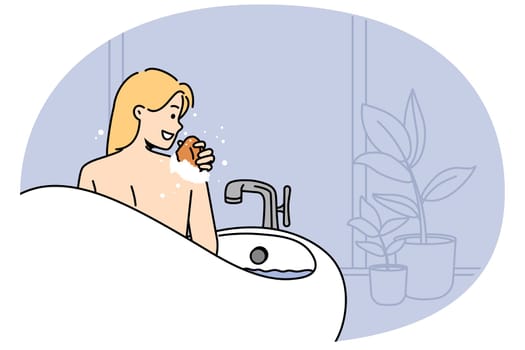Smiling young naked woman washing in bathtub at home. Happy girl rubbing back with sponge enjoy hot bath in bathroom. Hygiene concept. Vector illustration.