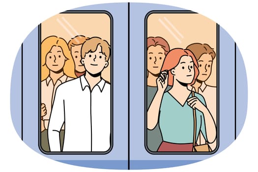 People standing behind glass in metro. Crowd near doors in subway train. Public transportation. Vector illustration.