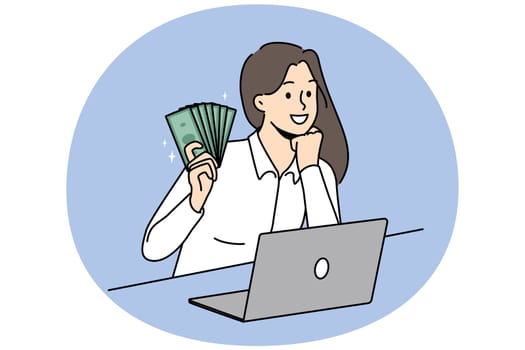 Smiling young woman sit at desk work on computer online ear money. Happy successful female employee near laptop show banknotes excited with income. Vector illustration.