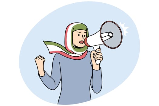 Young woman in hijab with Iranian flag scream in loudspeaker stand for female rights and equality. Decisive girl in headwear with megaphone on protest. Vector illustration.