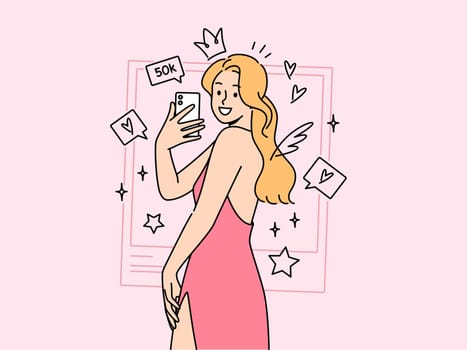Woman photo model takes selfie in cocktail dress, standing among rating icons from social networks. Girl influencer smiles and takes selfie on mobile phone camera for avatar on dating site