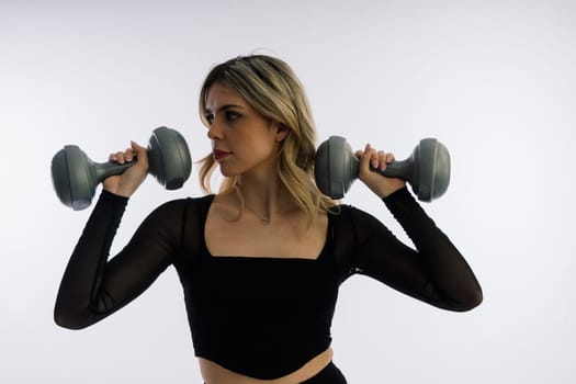 Woman, portrait and fitness, sunglasses and dumbbells, retro fashion accessory and muscle trainings