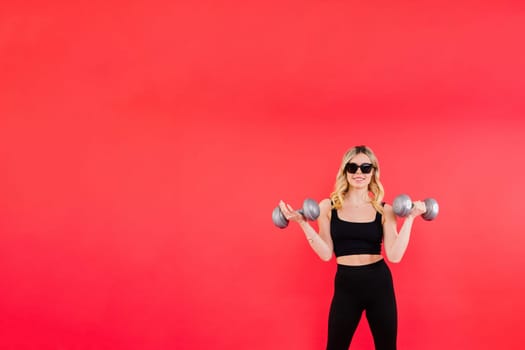 Woman, portrait and fitness, sunglasses and dumbbells, retro fashion accessory and muscle trainings