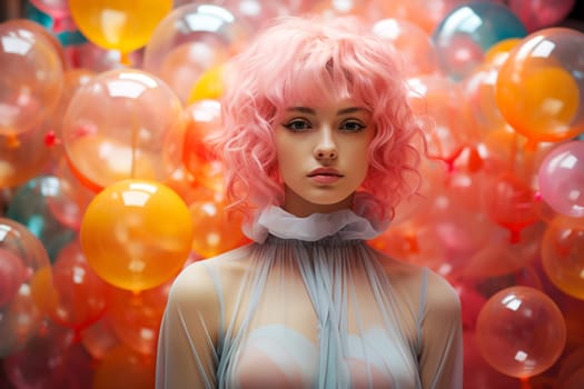 Young woman with pastel colored hair and balloons, teenager portrait, sad expression, lifestyle and party