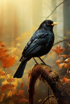 Beautiful dark blackbird isolated on natural background, artificial art