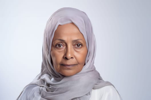 Portrait of elderly woman with headscarf isolated on white background. artificial art