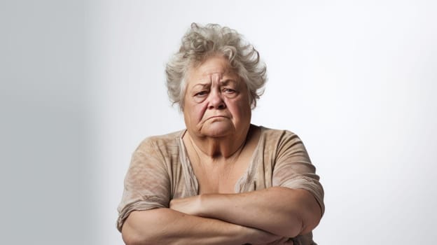 Elderly angry woman isolated on bright background. artificial art