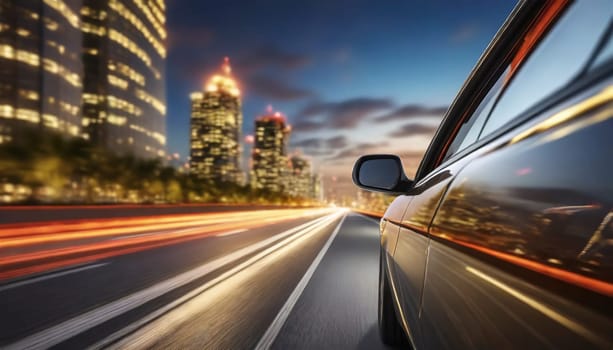 car on the road with motion blur background and modern city skyline. AI generated