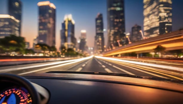 car on the road with motion blur background and modern city skyline. AI generated