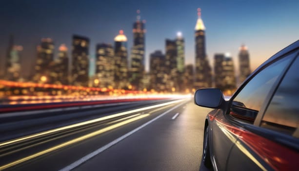 car on the road with motion blur background and modern city skyline. AI generated