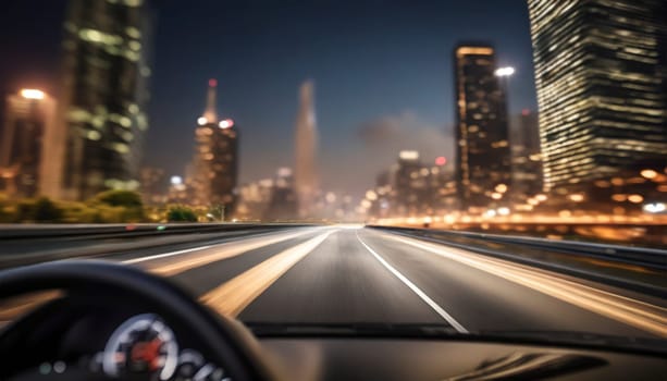 car on the road with motion blur background and modern city skyline. AI generated