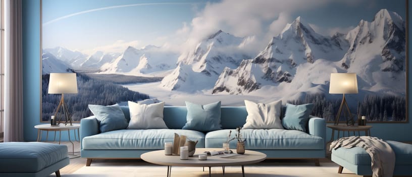 Rough sketch of the interior design of a comfortable living room with cool colors and the backdrop is the vast Alps. Decorated to look comfortable. It can serve as inspiration for your next design.