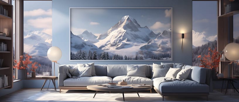 Rough sketch of the interior design of a comfortable living room with cool colors and the backdrop is the vast Alps. Decorated to look comfortable. It can serve as inspiration for your next design.