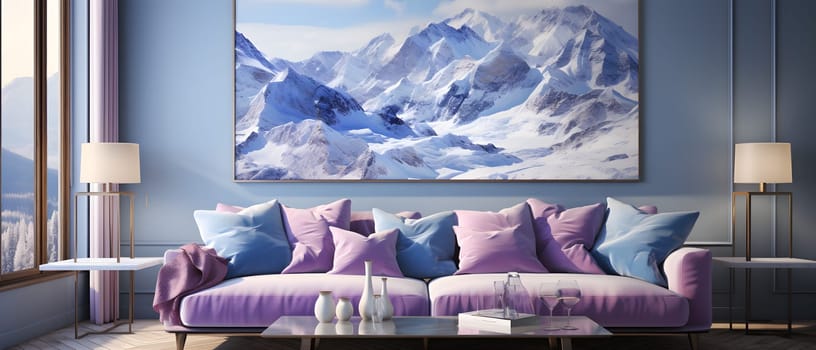 Rough sketch of the interior design of a comfortable living room with cool colors and the backdrop is the vast Alps. Decorated to look comfortable. It can serve as inspiration for your next design.