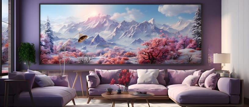 Rough sketch of the interior design of a comfortable living room with cool colors and the backdrop is the vast Alps. Decorated to look comfortable. It can serve as inspiration for your next design.