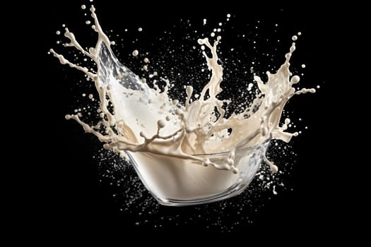 Milk or yogurt splashes beautifully like a work of art in a clear glass container on plain background There is enough light. Suitable for use in advertising about milk whether it's food or cosmetics.