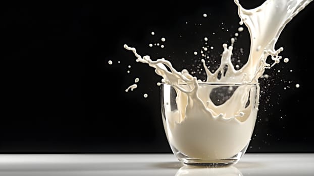 Milk or yogurt splashes beautifully like a work of art in a clear glass container on plain background There is enough light. Suitable for use in advertising about milk whether it's food or cosmetics.