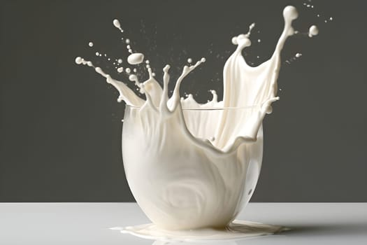 Milk or yogurt splashes beautifully like a work of art in a clear glass container on plain background There is enough light. Suitable for use in advertising about milk whether it's food or cosmetics.