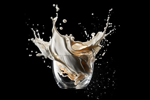 Milk or yogurt splashes beautifully like a work of art in a clear glass container on plain background There is enough light. Suitable for use in advertising about milk whether it's food or cosmetics.