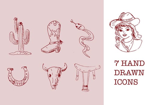 Hand drawn sketch outline wild west cowgirl icons. Vector illustration in vintage style. Vector set included cactus, cowgirl, boot, snake, horseshoe, skull of animal, saddle.