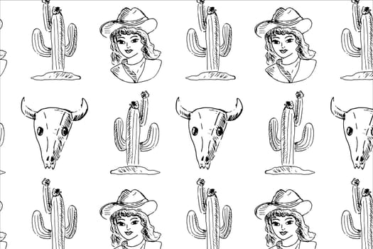 wild west seamless background with cowgirl, cactus. skull of animal. Vector illustration in Hand drawn sketch style. Can used for clothes print, textile, wallpaper. Retro vintage sketch of cowgirl.