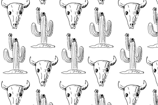 seamless pattern wild west cactus and skull of animal. Vector illustration in hand drawn sketch. Can used for textile, print for sublimation, card, wallpapers. Cowboy pattern in retro style.