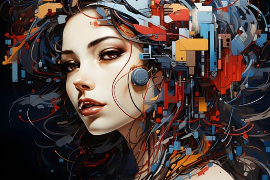 3D digital art illustration of a beautiful woman's face with hair tangled in colorful wires like a cyborg's head on a plain background. It can be used to present ideas about women and technology.