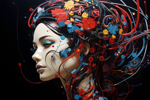 3D digital art illustration of a beautiful woman's face with hair tangled in colorful wires like a cyborg's head on a plain background. It can be used to present ideas about women and technology.