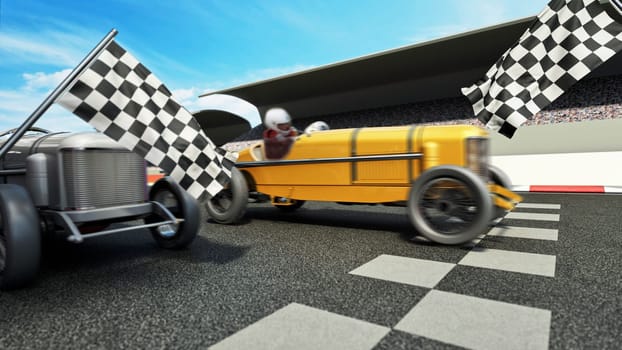 Retro race car crossing the finish line. 3D illustration.