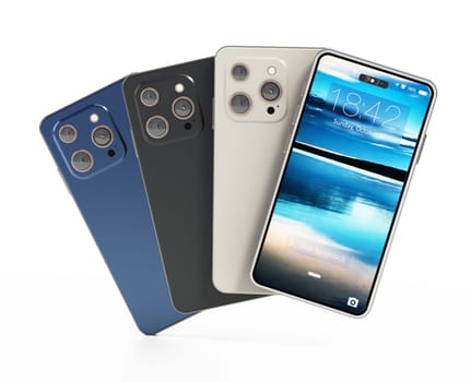 Generic smartphones with fictitious screen design isolated on white background. 3D illustration.
