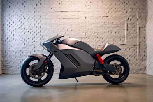 A grey titanium electric motorcycle in a garage with concrete floor and wall. Futuristic transport concept.AI generated