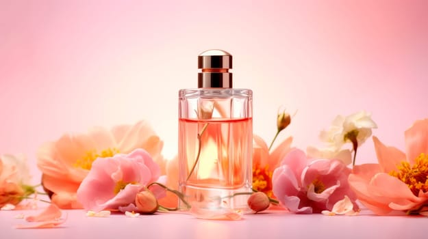 Still life composition with perfume and pink flowers. Perfumery cosmetics toilet water fragrance. AI generated
