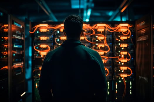 In Dark Data Center- Back View of IT Specialist Stands Beside the Row of Operational Server Racks. Concept for Cloud Computing, Artificial Intelligence. AI generated