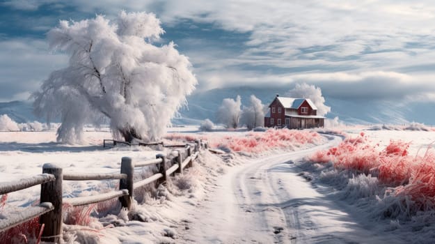 Winter landscape. Winter road leading up to an old house. AI generated