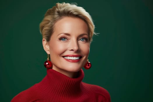 Merry Christmas. Celebrating Christmas holiday. Portrait of mature woman wearing red sweater and earrings in shape of Christmas ball over plain green background. Christmas time. Holiday concept
