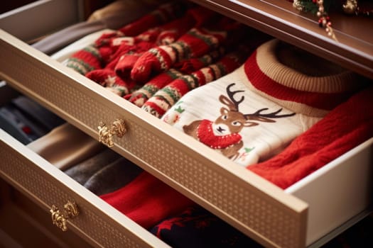 Christmas warm knitted sweaters folded in wardrobe. Clothes with different Christmas patterns. Traditional seasonal clothes. Holiday time. Christmas shopping