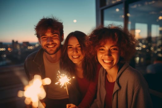 Group of young friends celebrating New Year on rooftop. People having fun at New Year's Eve Party. Friends celebrating Christmas with sparklers on the rooftop. Concept about holidays and lifestyle
