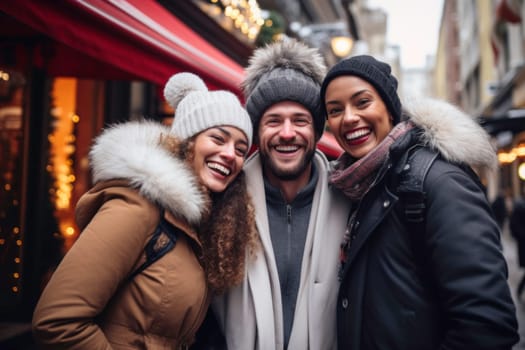 Friends standing together at Christmas fair while shopping. People enjoying the festive atmosphere, exploring Christmas souvenir shops, and selecting presents for the winter holidays. People are having fun while Christmas time. Merry Christmas. Holiday concept