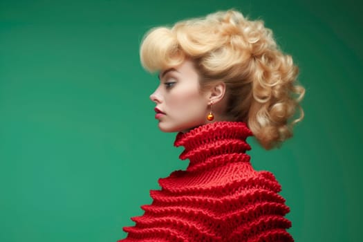 Merry Christmas. Celebrating Christmas holiday. Portrait of young woman wearing red sweater and earrings in shape of Christmas ball over plain green background. Christmas time. Holiday concept