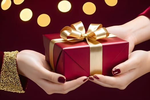 Hands holding a beautifully wrapped Christmas present with bows.