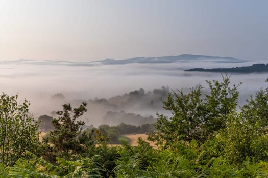 View of Galicia mountain landscape at the sunrise along the way of St. James. Lugo