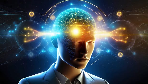 artificial intelligence concept with human head and circuit board. AI generated