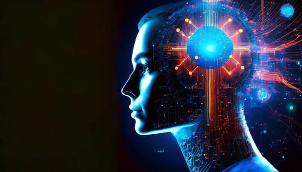 artificial intelligence concept with human head and circuit board. AI generated