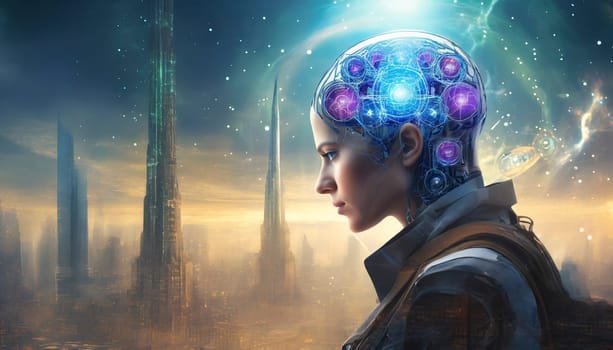 artificial intelligence concept with human head and circuit board. AI generated