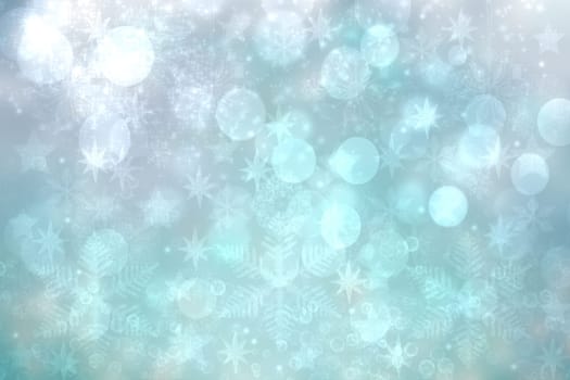Christmas card template. Abstract festive natural light turquoise blue white winter christmas background texture with blue bokeh lighted snmowflakes, stars and a frame. Beautiful card design. Space.