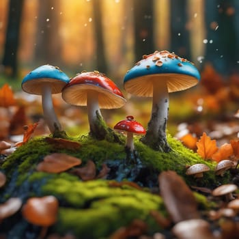 Enchanted forest with fantasy mushrooms. Green moss forest floor with enchanted trees. Mystical AI generated image